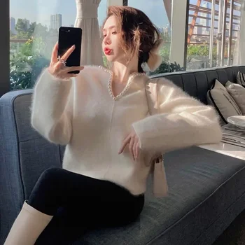 Fehér Pulóver Nők Koreai Divat Gyöngyös V Nyakú Kötött Pulóver Sueter Mujer Outwear Finoman Húzza Femme
