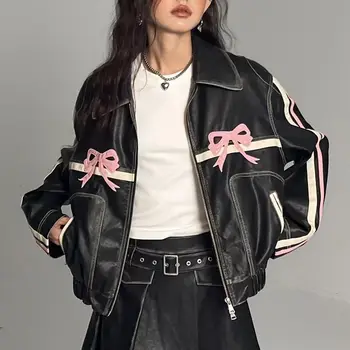 Rózsaszín Masni Harajuku Racing Ruha Női Bomber Dzsekik Hip-Hop Téli koreai Divat a Retro Kabát Laza Cipzár Design Kabát