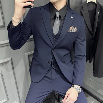 Új (Blézer+ Mellény + Nadrág) Férfi Divat Boutique Business olasz Stílus Slim koreai Verzió Alkalmi Esküvői Formális 3-darabos Készlet